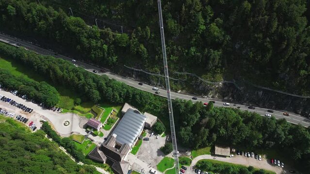 Suspension bridge near Ehrenberg castle at 114 m height in the Austrian Tyrol. Aerial
