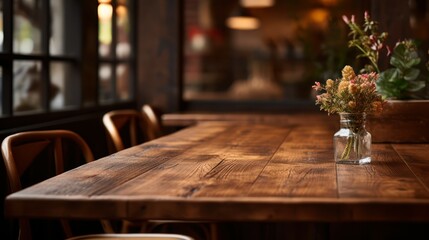 Cozy cafe with wood furniture, and potted plants. - obrazy, fototapety, plakaty