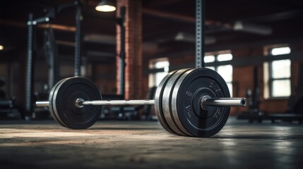 Fitness equipment iron barbell on gym studio floor. - obrazy, fototapety, plakaty