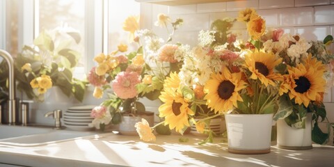 Sunshine blooms in a pale cooking area. - obrazy, fototapety, plakaty