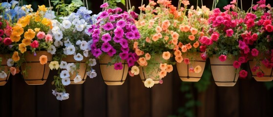 Fototapeta na wymiar Colorful Hanging Baskets with Assorted Blooming Flowers