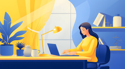 Obraz premium Office worker. Businesswoman and engineering is sitting at the desk and working on the laptop. Flat vector concept illustration isolated on white.