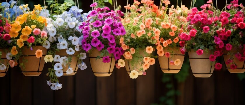 Colorful Hanging Baskets with Assorted Blooming Flowers
