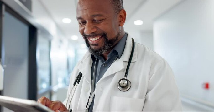 Doctor, hospital and tablet for medical information, typing and management of online report or results. Healthcare expert or happy african man on digital technology for services, research or planning