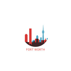 Fort Worth USA United States cityscape skyline city panorama vector flat modern logo icon. US American Texas state emblem idea with landmarks and building silhouette