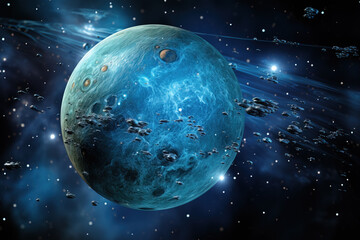 A vividly rendered blue extraterrestrial planet amidst an asteroid belt, set against the starlit...