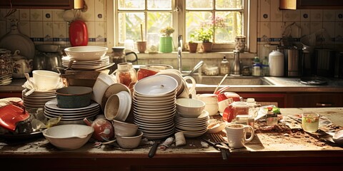 Hoarding disorder - cluttered kitchen with dirty dishes. - obrazy, fototapety, plakaty