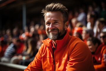 Obraz premium Smiling bearded man in an orange jacket enjoying an outdoor event with a blurred crowd in the background.