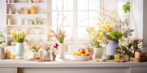 Fototapeta na wymiar April kitchen adorned with spring flowers on Easter table.