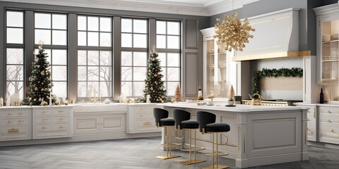 Luxurious Christmas-themed decor in a modern kitchen with island, sink, and cabinets in a new home. - obrazy, fototapety, plakaty