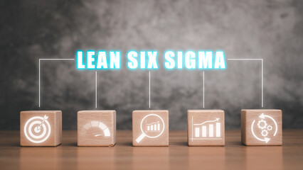 Lean Six Sigma concept, Wooden block on wooden desk with  lean six sigma icon on virtual screen,...