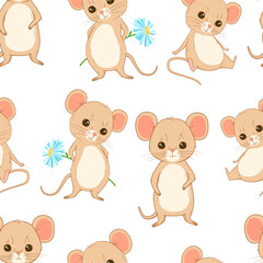 Seamless hand drawn pattern with stylized cute sitting mouse character. Vector cartoon endless pattern for textiles or fabric for newborns.