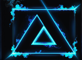 Neon blue color geometric triangle on a dark background. Mystical portal. Mockup for your logo. Futuristic smoke. Mockup for your logo.

