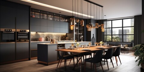 Luxurious apartment with modern kitchen and dining room design project for sale.