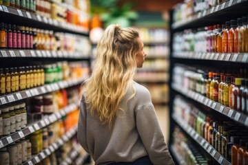 A woman standing in a grocery store aisle. Generative AI.