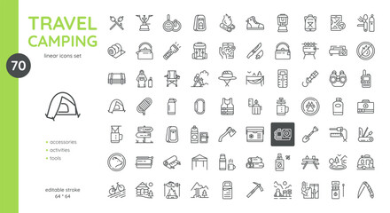 Outdoor Activity and Camping Vector Icons Set - Tents, Wildlife, Trails, Campfires, and Equipment. Editable Linear Collection Including GPS, Thermos, Raincoat, Hiking Gear, Smores and Travel Furniture