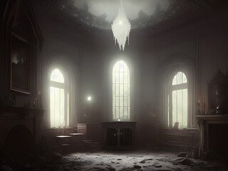Horror Inside of Abandoned Manor with Chandelier and Vintage Windows Illustration