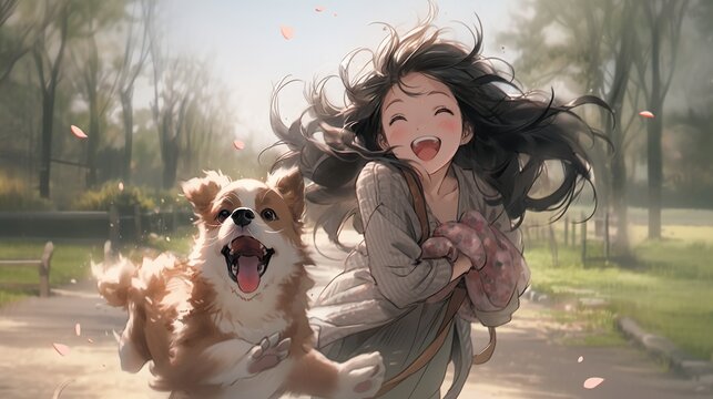 ［AI生成画像］愛犬と走る少女、公園4