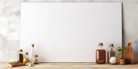 Concept of displaying products with a modern kitchen background and an empty table board.
