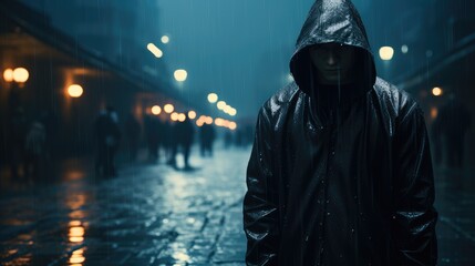 A hooded man on the midnight street. Generative AI. - obrazy, fototapety, plakaty