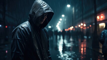 A hooded man on the midnight street. Generative AI.