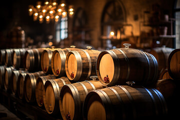 Atmospheric cellar with rows of wooden wine barrels, showcasing the traditional winemaking process in a rustic setting. - obrazy, fototapety, plakaty