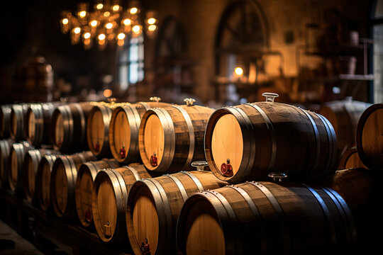 Atmospheric cellar with rows of wooden wine barrels, showcasing the traditional winemaking process in a rustic setting.