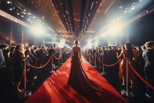 Red carpets, lights left and right of the carpet, And photographers with cameras taking pictures of famous men and women. Generative AI.