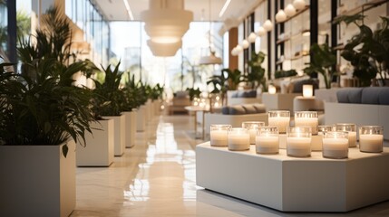 A scented candle store with an interior design that seamlessly blends white. Generative AI. - obrazy, fototapety, plakaty
