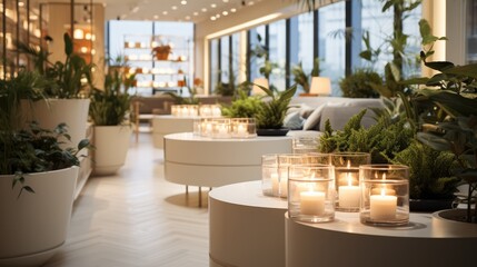 A scented candle store with an interior design that seamlessly blends white. Generative AI.
