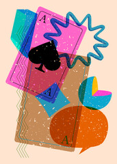 Risograph Poker Playing Card with speech bubble with geometric shapes. Objects in trendy riso graph print texture style design with geometry elements.