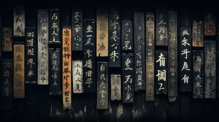 Japanese text writing on worn wooden board with grunge effect