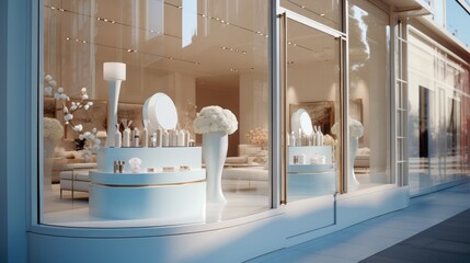 Close up on window of a cosmetic store, White premium modern store facade. Generative AI. - obrazy, fototapety, plakaty