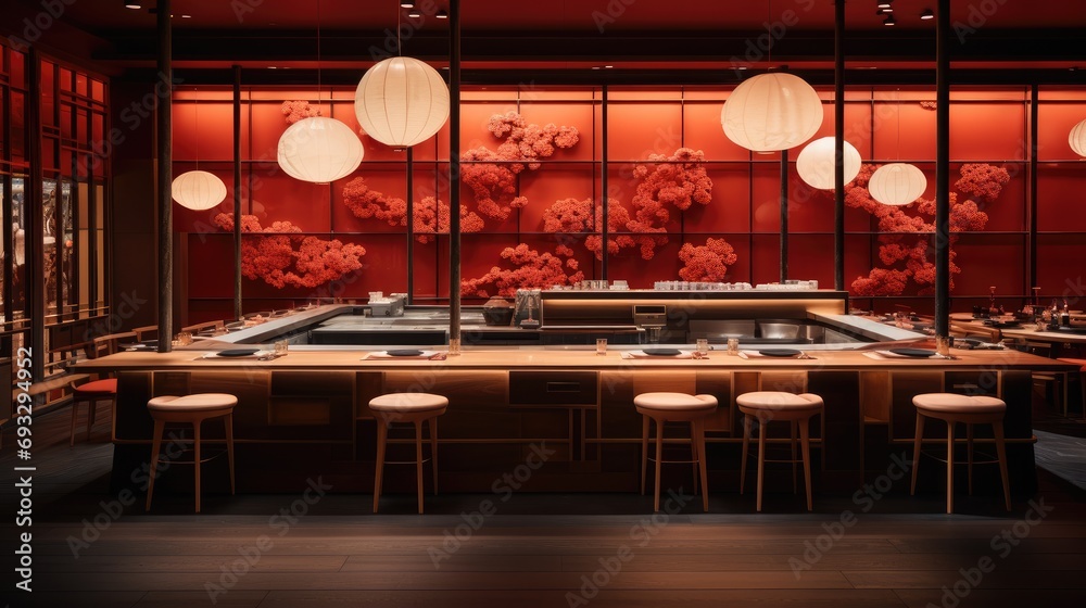 Poster a high-end sushi counter in a square wooden red room. generative ai.