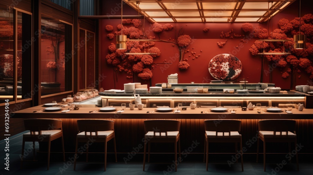 Poster a high-end sushi counter in a square wooden red room. generative ai.
