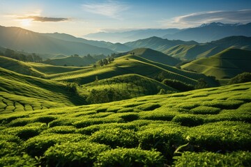 A valley green tea fields. Generative AI.