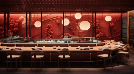  A high-end sushi counter in a square wooden red room. Generative AI. © visoot