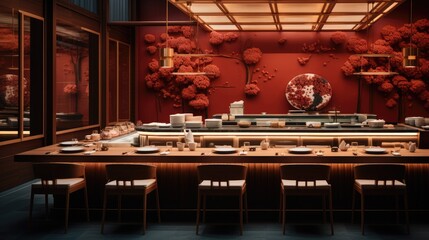 A high-end sushi counter in a square wooden red room. Generative AI.