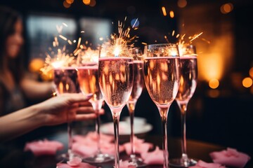 Friends celebrate Christmas or New Year party, Close-up of sparklers and pink champagne. Generative AI. - obrazy, fototapety, plakaty