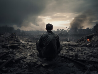 A surviving soldier sitting despondently by the roadside on the battlefield