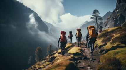 A group of hikers climbing up a steep mountain. Generative AI.