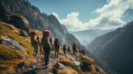 Obraz premium A group of hikers climbing up a steep mountain. Generative AI.