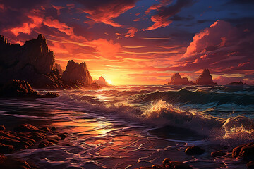 the beauty of sea waves at sunset - obrazy, fototapety, plakaty