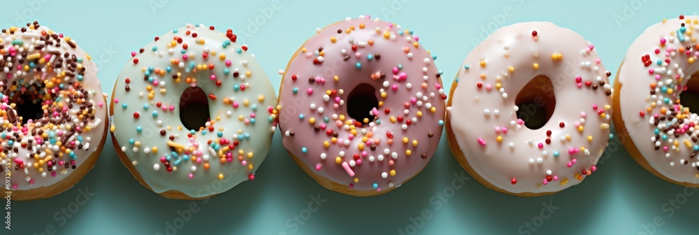 Poster Flat lay glazed doughnuts with colorful sprinkles on a pastel mint green background, Top view. Generative AI.