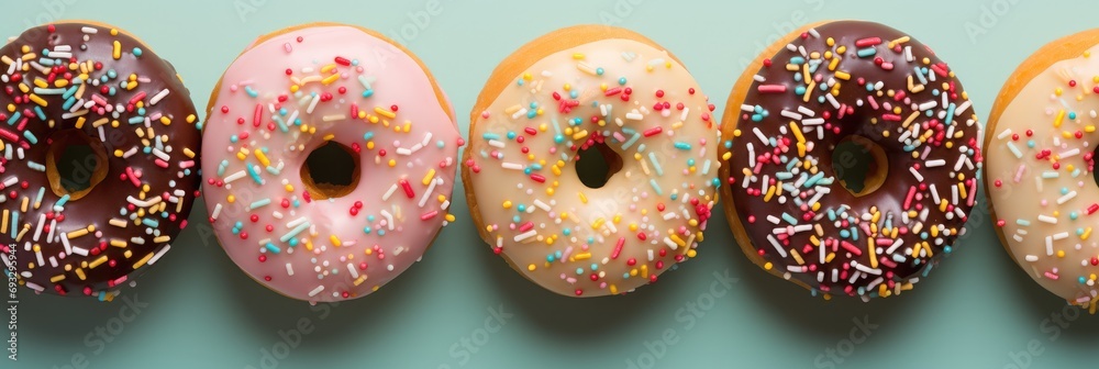 Poster Flat lay glazed doughnuts with colorful sprinkles on a pastel mint green background, Top view. Generative AI.
