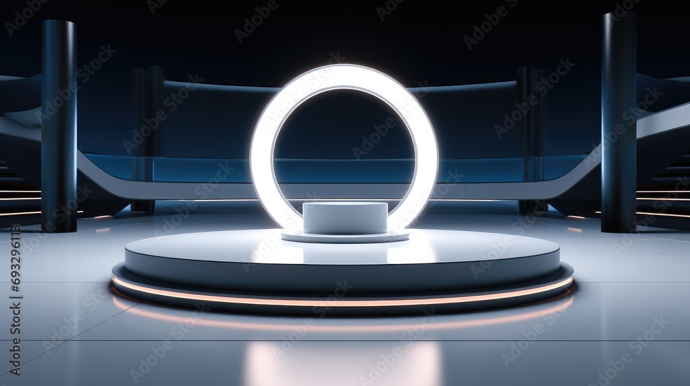 Poster Empty circular stage in the middle, Minimal stage design, Simple clean background. Generative AI.