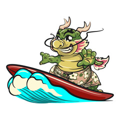 illustration of a cute dragon character mascot surfing on a surfboard