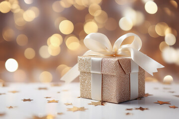 Gift box tied with ribbon on bokeh background. Christmas time