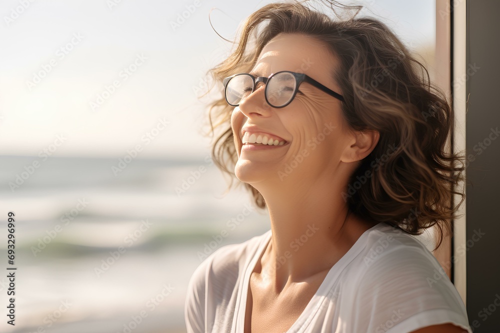 Wall mural a middle-aged woman reading a book in a sunlit living room, smiling. generative ai