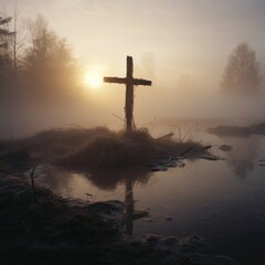 A cross stands in the middle of a foggy field. Generative AI.